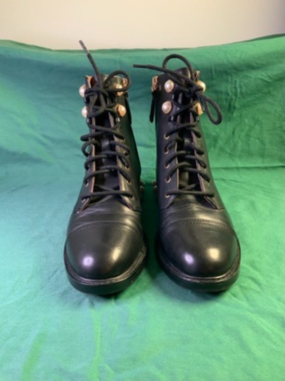 Black Louise et Cie Vesna Pearl Embellished Leather Lace-up Booties Size 8.5